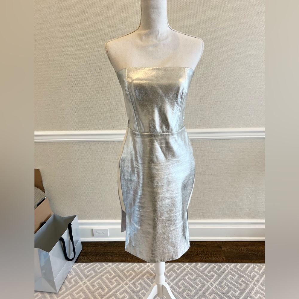 Mason by Michelle Mason Strapless Silver metallic leather cutout dress